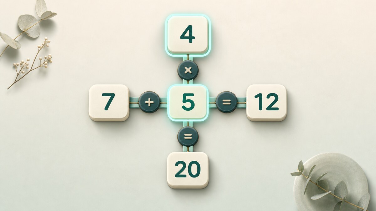 A cross-math board showing 7 plus 5 equals 12 and 4 times 5 equals 20, with the crossing tiles highlighted